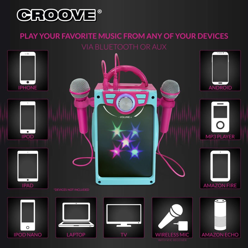 Croove Rechargeable Karaoke Machine for Kids, Pink Portable Karaoke Set, Gift for Girl Speaker & 2 Microphones with Lyrics Display, Bluetooth/AUX/USB, Best Birthday Gifts For Girls Ages 8 9+ Years Old - Image 5